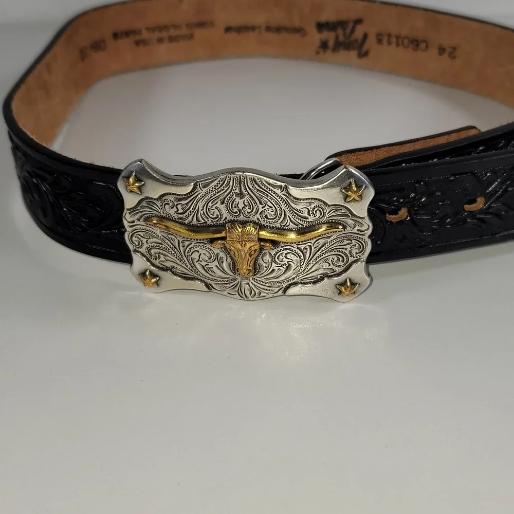 Tony Lama Youth Black Tooled Leather Western Belt Gold Longhorn Buckle Size 24